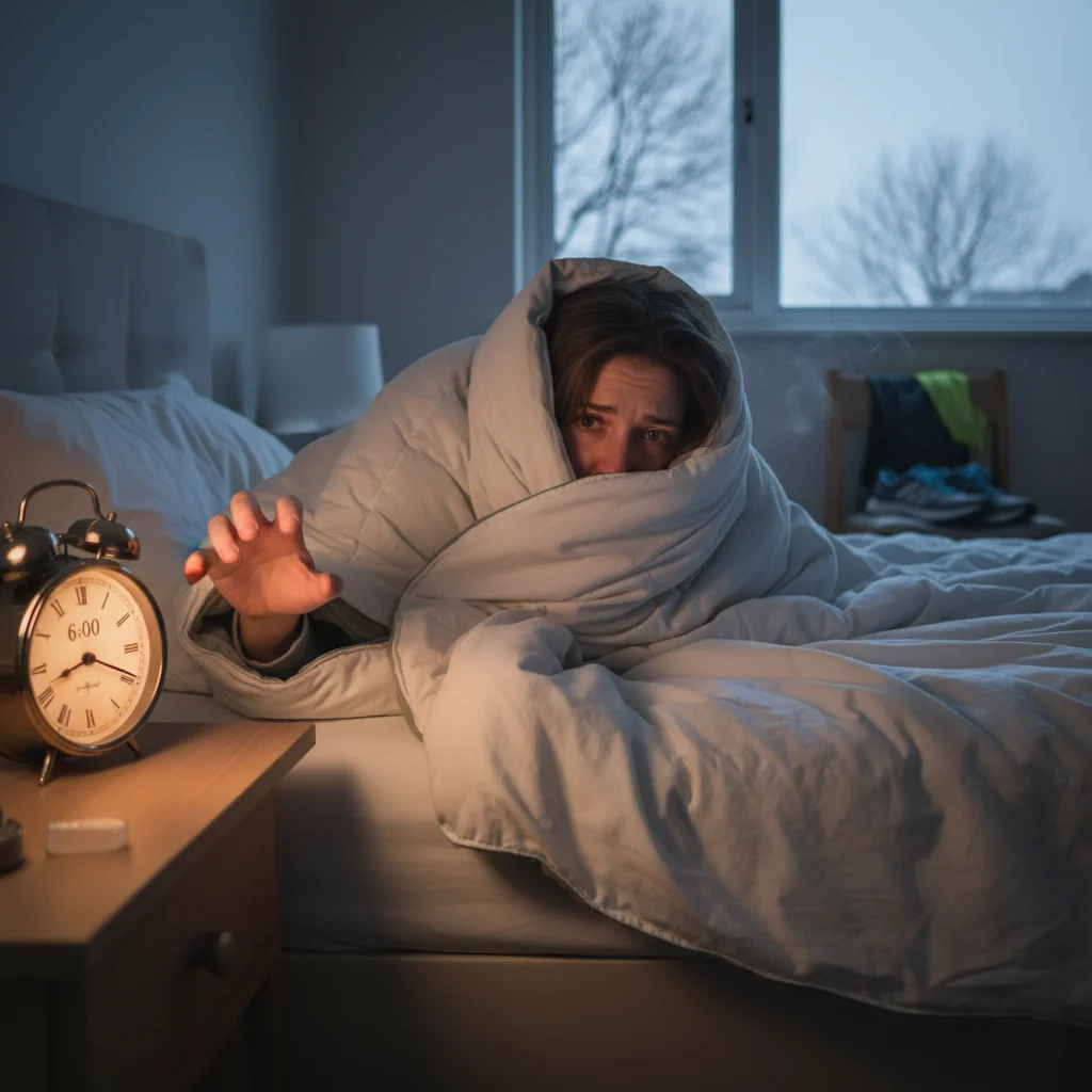 A person huddled under a thick, white duvet reaches reluctantly for an alarm clock that reads 6:00 AM, as a dark, cold winter morning is visible through the window.